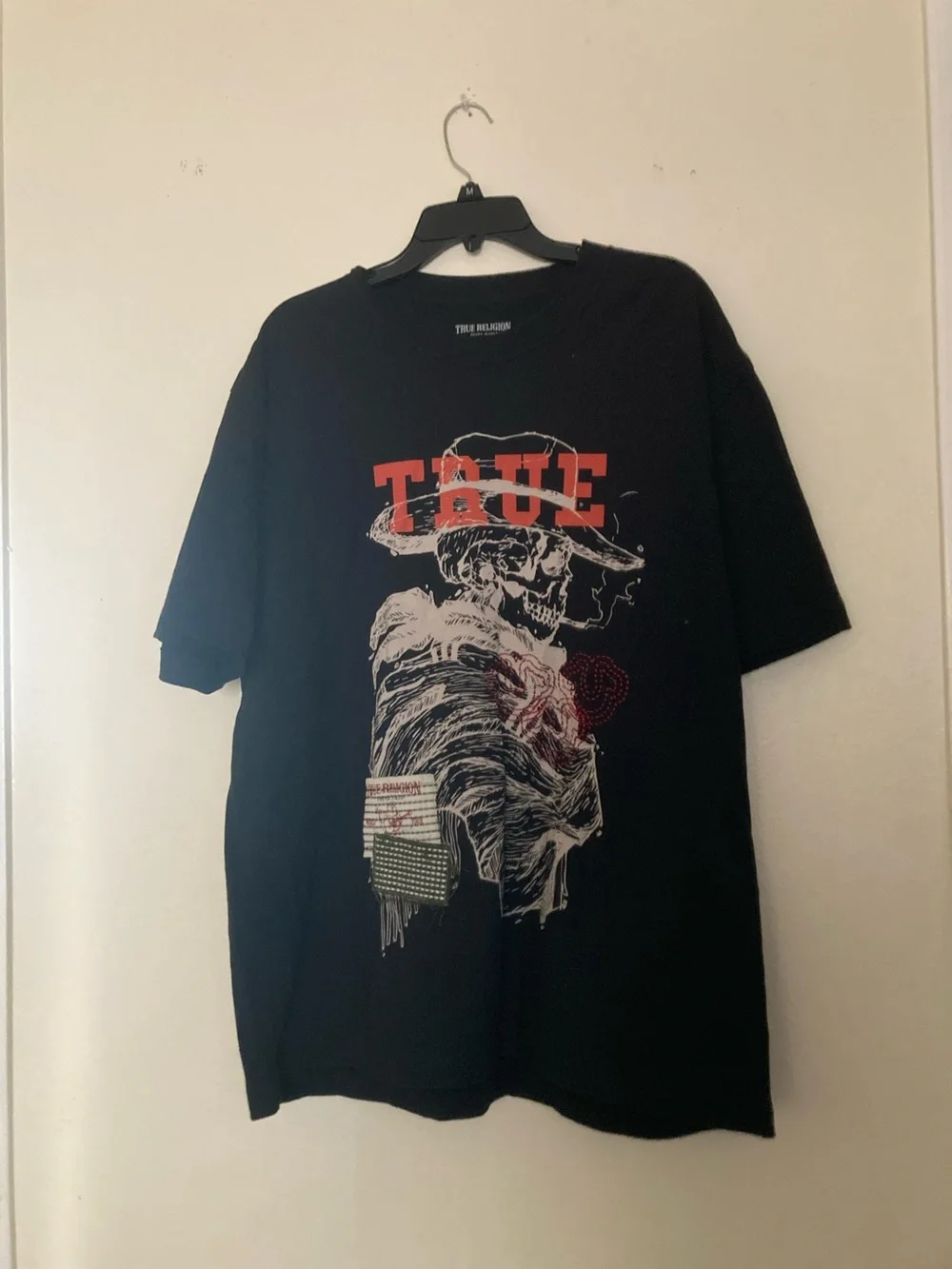 True Religion Black Tee with Red TRUE and White Skull Graphic